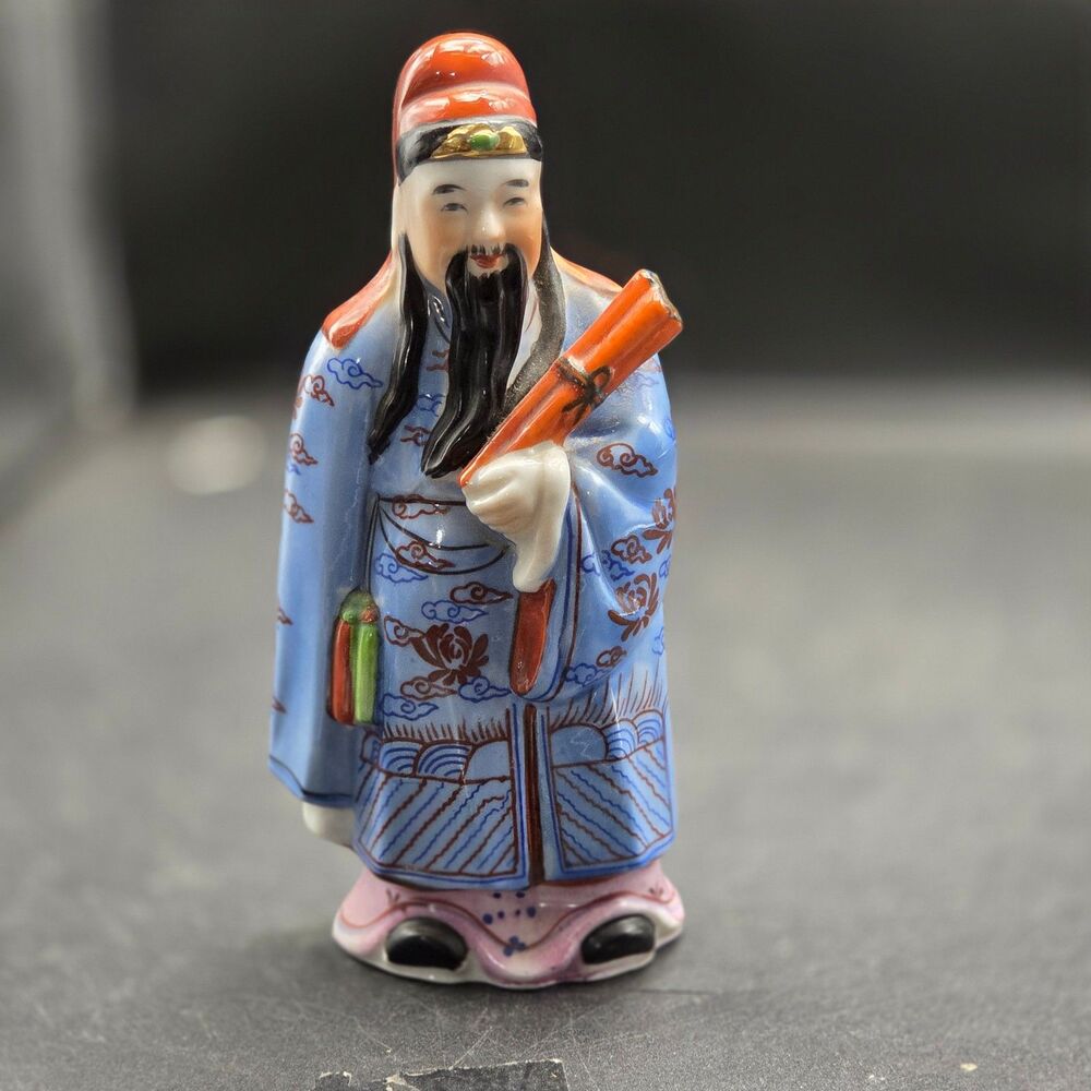 Vintage Chinese Figurine Ceramic Man Holding Scroll Blue Robe